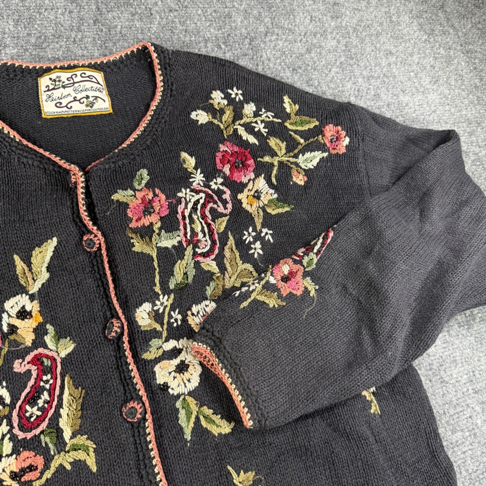 Heirloom Collectibles Floral Embroidered Cardigan Women Medium Black Cottagecore